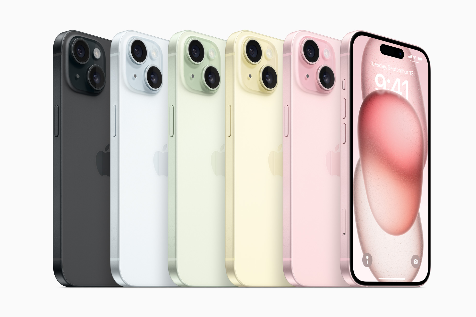 O iPhone 15 e o iPhone 15 Plus estarão disponíveis em cinco cores lindas: preto, azul, verde, amarelo e rosa.